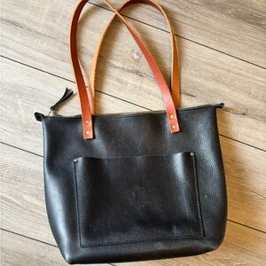 Portland Leather Black Tote with Tan Straps
